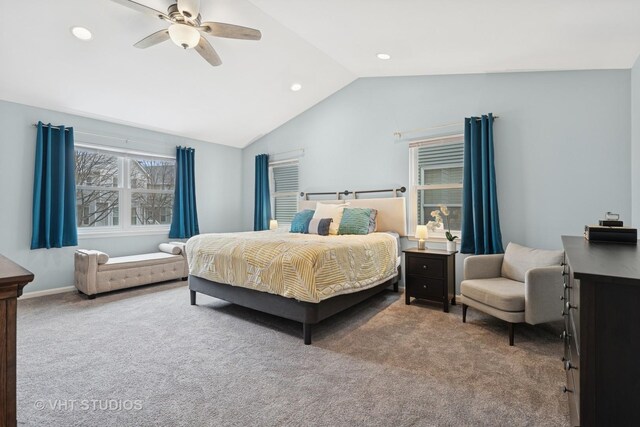 carpeted bedroom featuring recessed lighting, ceiling fan, and lofted ceiling