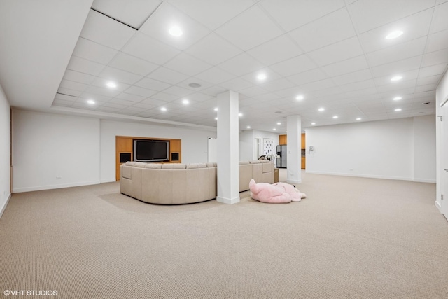 living area featuring recessed lighting, carpet flooring, and baseboards
