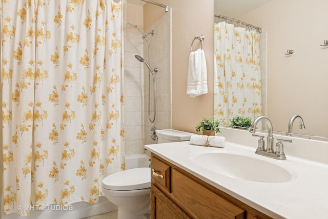 full bath with toilet, shower / tub combo with curtain, and vanity