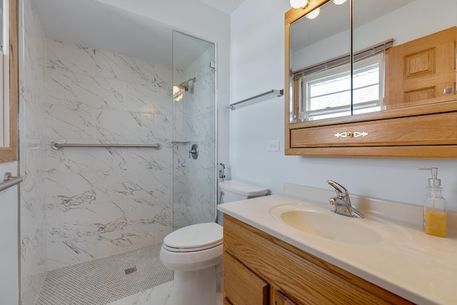 1165 Mayfield Ln, Hoffman Estates, IL 60169 - bathroom featuring a marble finish shower, toilet, marble finish floor, and vanity