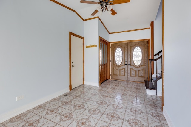1165 Mayfield Ln, Hoffman Estates, IL 60169 - entrance foyer with stairway, baseboards, ceiling fan, ornamental molding, and vaulted ceiling