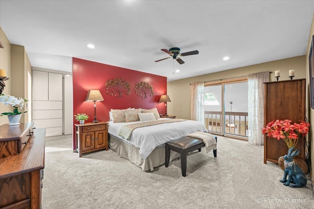 bedroom featuring carpet floors, recessed lighting, a ceiling fan, and access to exterior