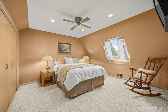 carpeted bedroom with baseboards, ceiling fan, recessed lighting, and visible vents