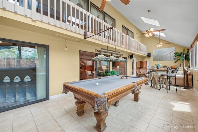 recreation room with ceiling fan, tile patterned flooring, billiards, and high vaulted ceiling