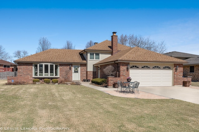view of front of property featuring brick siding, a chimney, a garage, and roof with shingles