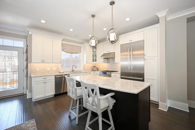 kitchen with appliances with stainless steel finishes, a sink, ornamental molding, and under cabinet range hood