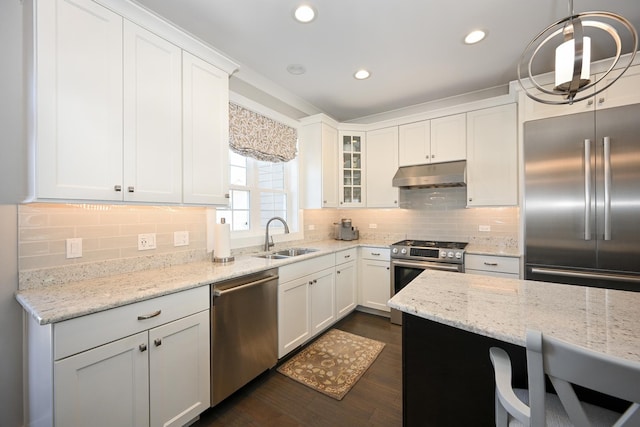 kitchen featuring under cabinet range hood, decorative backsplash, a sink, and appliances with stainless steel finishes