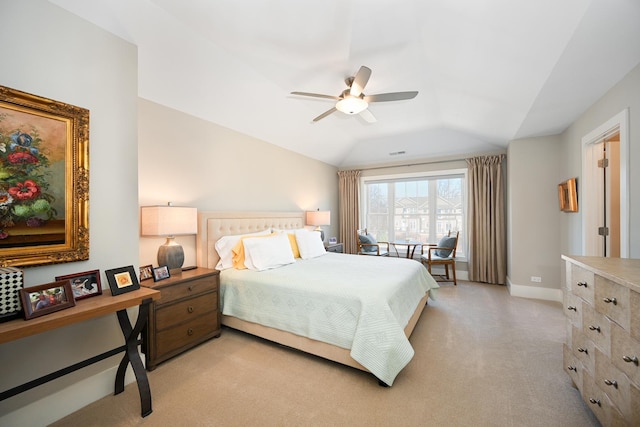 bedroom with visible vents, baseboards, a ceiling fan, light colored carpet, and lofted ceiling