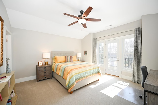 bedroom with baseboards, carpet floors, visible vents, access to exterior, and ceiling fan