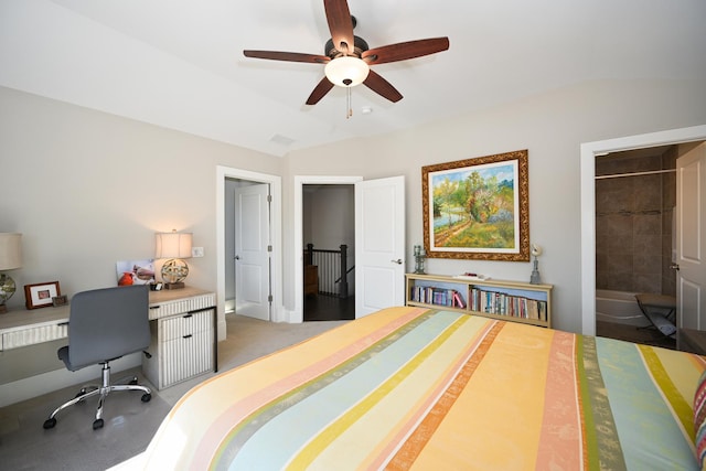 bedroom featuring ceiling fan and lofted ceiling