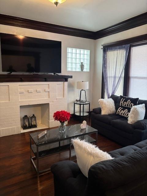 living area with a fireplace, wood finished floors, and crown molding