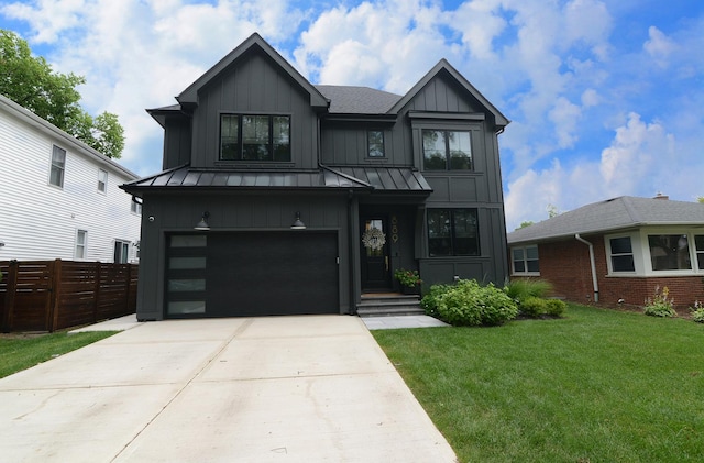 view of front of house featuring a standing seam roof, fence, board and batten siding, and metal roof