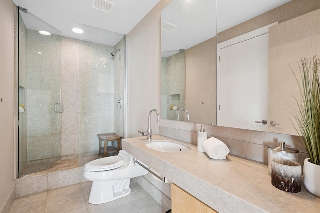 full bath with toilet, vanity, a shower stall, and visible vents