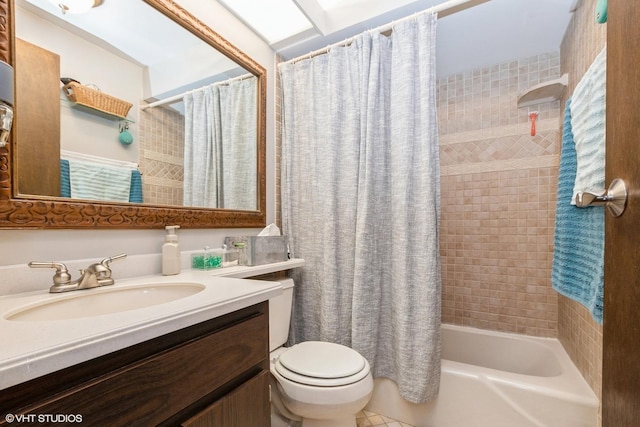 full bathroom with vanity, toilet, tile patterned flooring, and shower / tub combo with curtain