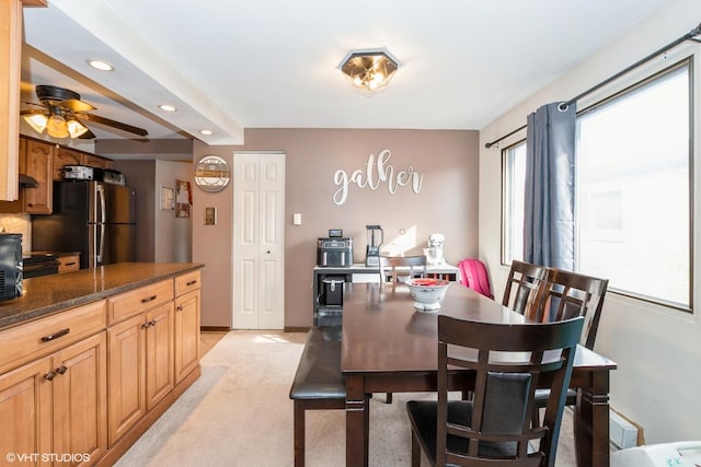 dining area with recessed lighting, ceiling fan, and light colored carpet