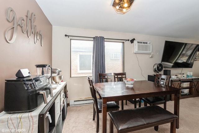 dining area featuring an AC wall unit, light carpet, and a baseboard radiator