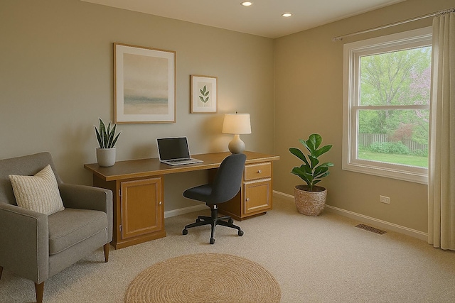 986 Rossmere Ct, Naperville, IL 60540 - office area with plenty of natural light, light colored carpet, baseboards, and recessed lighting