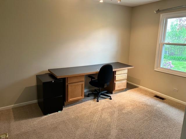 home office with visible vents, a healthy amount of sunlight, and light carpet