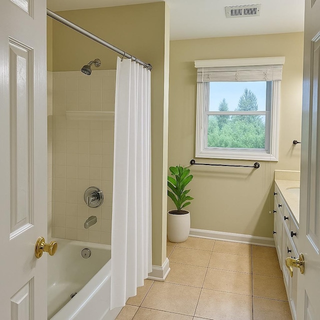 986 Rossmere Ct, Naperville, IL 60540 - bathroom featuring baseboards, tile patterned floors, vanity, and shower / bath combination with curtain