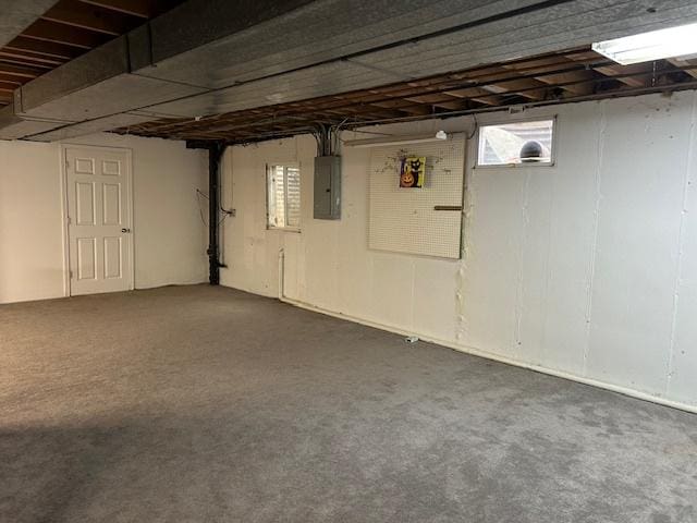 basement featuring plenty of natural light, carpet flooring, and electric panel