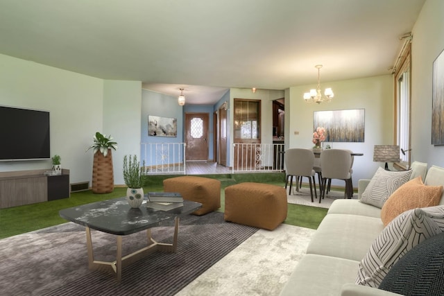 living area with visible vents, carpet flooring, and a chandelier