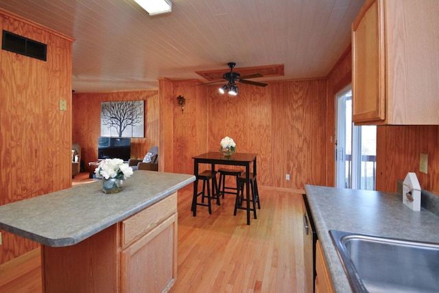kitchen featuring wood ceiling, a sink, a ceiling fan, light wood finished floors, and visible vents
