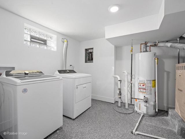 laundry area with water heater, laundry area, washer and clothes dryer, and baseboards