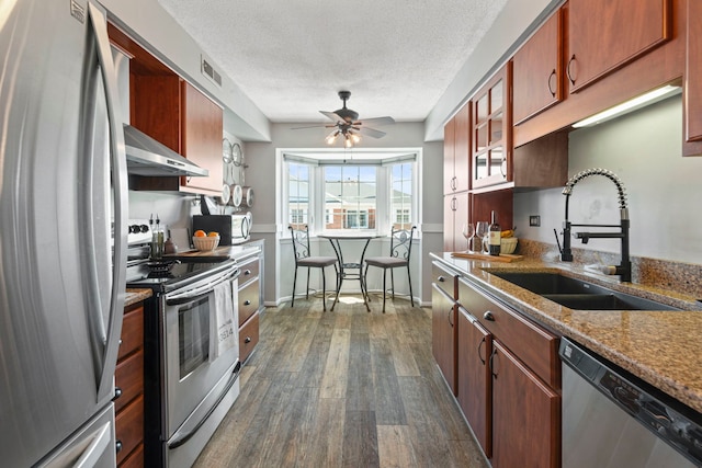 326 Park Ave Unit 38, Clarendon Hills, IL 60514 - kitchen with stainless steel appliances, a sink, range hood, dark wood-type flooring, and a ceiling fan