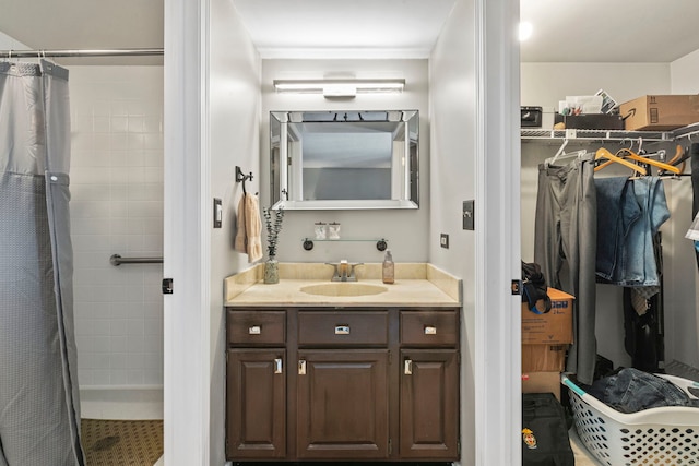 326 Park Ave Unit 38, Clarendon Hills, IL 60514 - bathroom featuring a shower stall, a spacious closet, and vanity