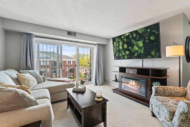 326 Park Ave Unit 38, Clarendon Hills, IL 60514 - carpeted living area featuring a glass covered fireplace and a textured ceiling