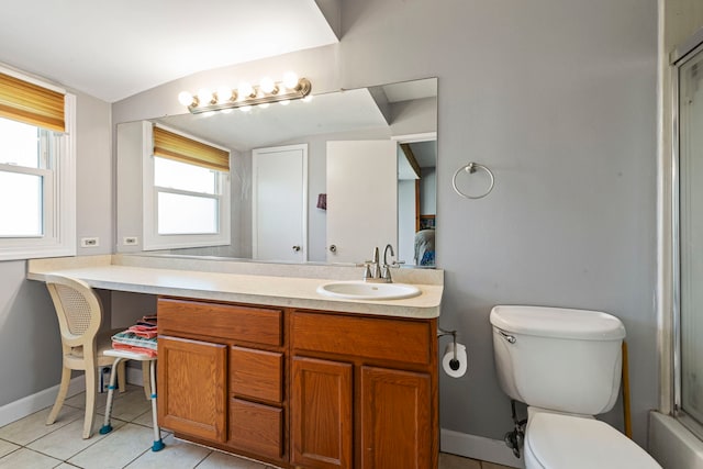 full bath featuring vanity, tile patterned floors, toilet, and baseboards