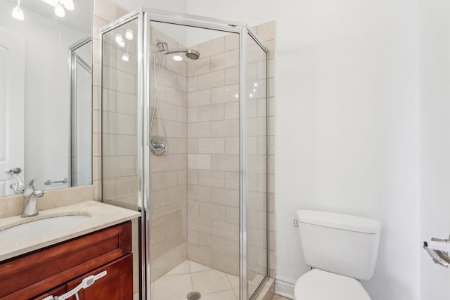 bathroom with vanity, toilet, and a stall shower