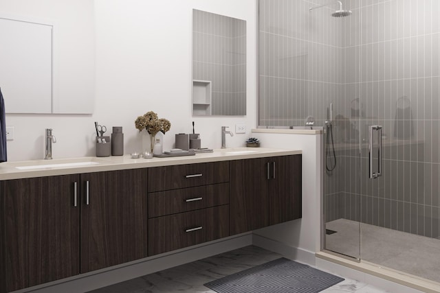 5114 S Kenwood Ave Unit 3B, Chicago, IL 60615 - full bathroom featuring marble look tile flooring, a stall shower, and double vanity