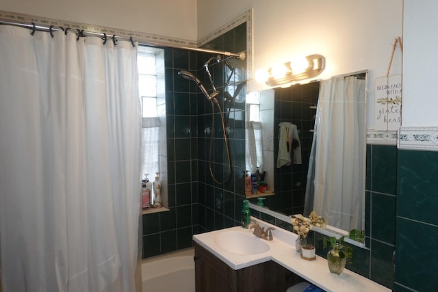 3801 W 46th St, Chicago, IL 60632 - full bathroom with tile walls, vanity, and shower / tub combo with curtain