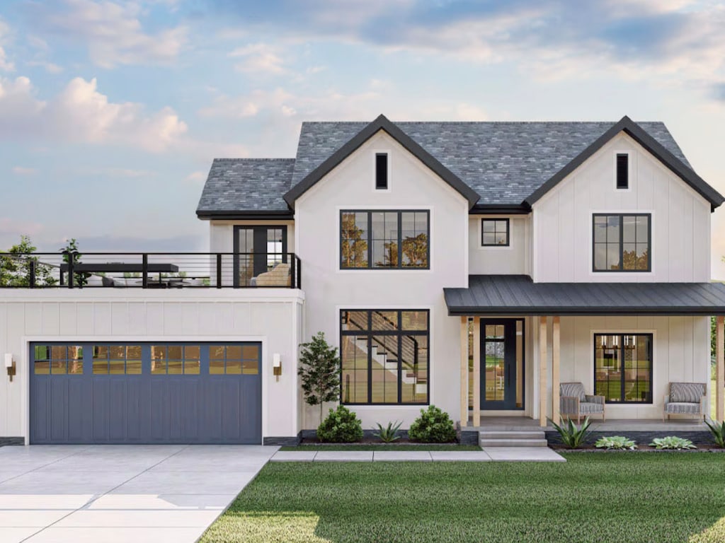 modern inspired farmhouse featuring concrete driveway, a front yard, covered porch, a garage, and a balcony