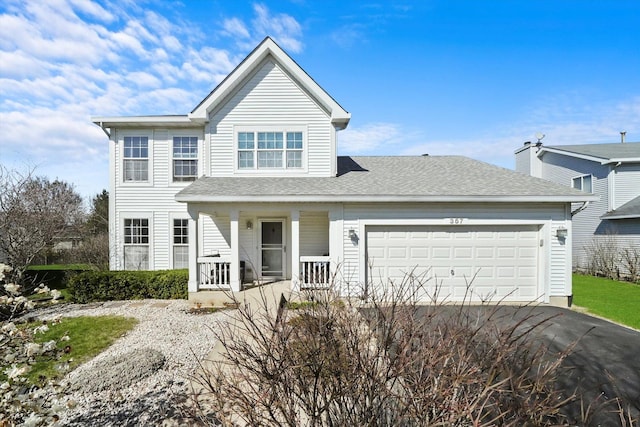 traditional-style house featuring a garage, aphalt driveway, a porch, and roof with shingles
