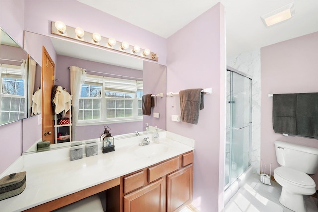 bathroom with toilet, vanity, and a shower stall