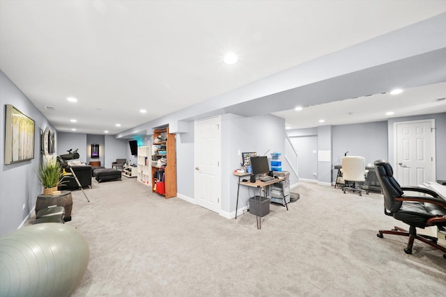 carpeted office featuring baseboards and recessed lighting