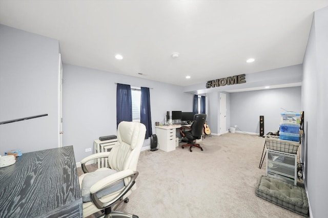 office with carpet floors, baseboards, and recessed lighting