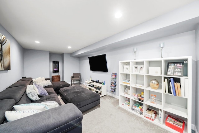 living area with recessed lighting, carpet flooring, and baseboards