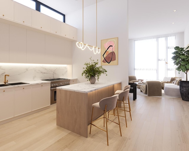 529 N Hartland Ct, Chicago, IL 60622 - kitchen with high end stainless steel range oven, healthy amount of natural light, backsplash, a kitchen bar, and recessed lighting