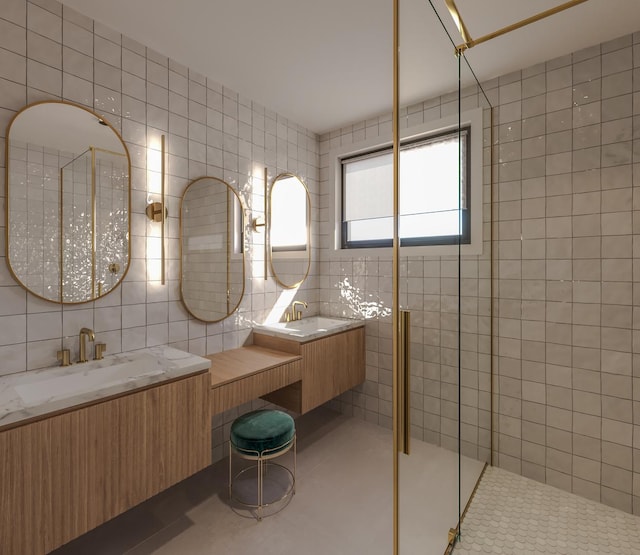 529 N Hartland Ct, Chicago, IL 60622 - full bathroom featuring tile walls, a stall shower, double vanity, and backsplash