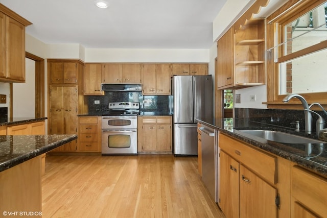 kitchen featuring light wood-style flooring, exhaust hood, appliances with stainless steel finishes, and a sink