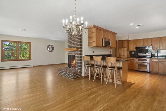 kitchen with ventilation hood, a peninsula, open shelves, light wood-style floors, and appliances with stainless steel finishes