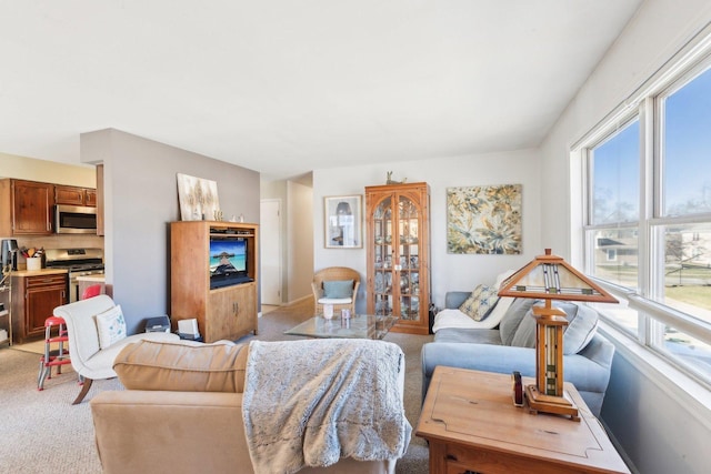 living area featuring light carpet