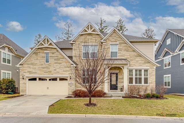 craftsman-style house with stone siding, driveway, a garage, and a front lawn