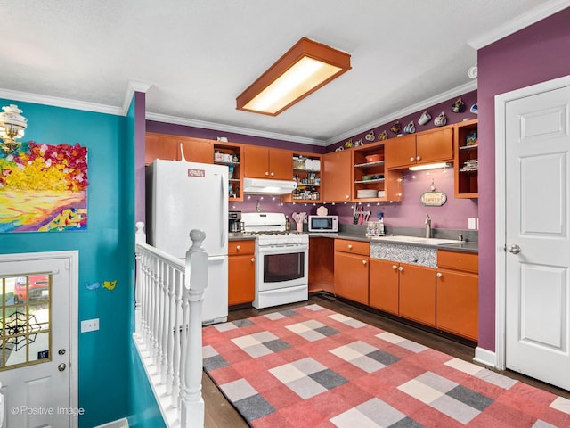 644 Swan Dr, Grayslake, IL 60030 - kitchen with open shelves, crown molding, under cabinet range hood, white appliances, and a sink