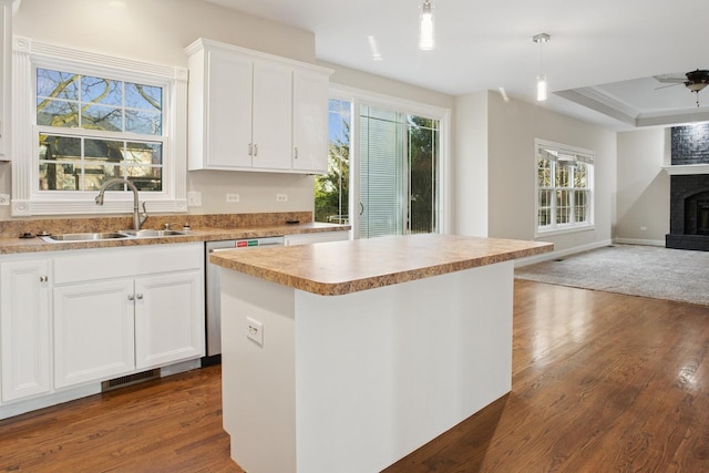 kitchen featuring a sink, dark wood-style floors, stainless steel dishwasher, and open floor plan