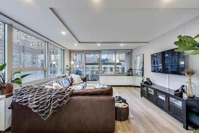 living area featuring light wood-style flooring, a healthy amount of sunlight, and recessed lighting