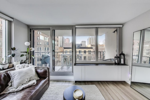living room with wood finished floors, a view of city, and a healthy amount of sunlight